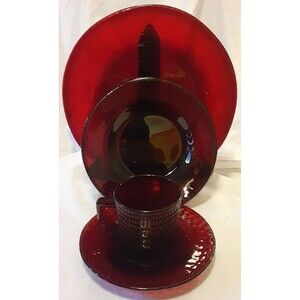4pc Arcoroc Ruby Red "Elderberry Glass": Dinner, Salad, Bread, Cups UV Reactive